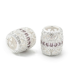 Розовый Латунные микро проложить Цирконий Европейский бисером, бусины с большим отверстием, баррель, стойки покрытие, без кадмия и без свинца, долговечный, серебряные, туманная роза, 10x9 мм, отверстие : 5 мм