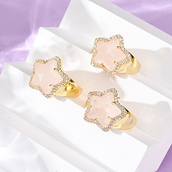 Розовый Кварц Звездный натуральный розовый кварц кубический цирконий манжеты кольца, латунные регулируемые кольца для женщин, золотые, 17.5x18.5 мм