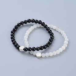 Mixed Stone Feng Shui Natural Obsidian & Natural White Moonstone Beaded Stretch Bracelets, with 925 Sterling Silver Beads and Jewelry Box, Flat Round with Yin Yang, 2-1/8 inch(55mm), 2pcs/set