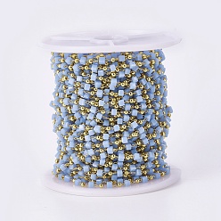 Васильковый Ручной цепи стекло бисером, пайки, с латунной фурнитурой , с катушкой, долговечный, золотые, кубические, васильковый, 2.3~2.8x2.3~2.8x2.3~2.8 мм, 2 мм, около 32.8 футов (10 м) / рулон