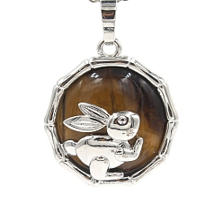 Тигровый глаз Природных тигровый глаз подвески, плоская круглая форма из латуни платинового цвета с подвесками в виде кролика, 25x10 мм