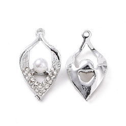 Crystal Alloy Rhinestone Pendants, with ABS Plastic Imitation Pearl, Platinum Tone Leaf Charms, Crystal, 25x14x6mm, Hole: 1.4mm