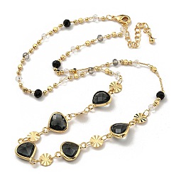 Golden Faceted Heart Glass Beads Bib Necklaces, Brass Chain Neckalces, Golden, 16.34 inch(41.5cm)