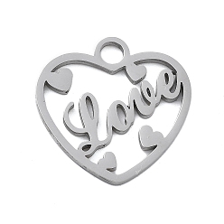 Нержавеющая Сталь Цвет 304 подвески из нержавеющей стали, лазерная резка, сердце со словом любовь очарование, анти-тускнение, цвет нержавеющей стали, 20x19.5x1 мм, отверстие : 2.5 мм