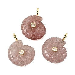 Клубничный Кварц Резные подвески из натурального клубничного кварца, Подвески в форме раковины с латунными микропаве из прозрачных кубических цирконий., золотые, стойки покрытие, 34x25~26x10 мм, отверстие : 3.5 мм