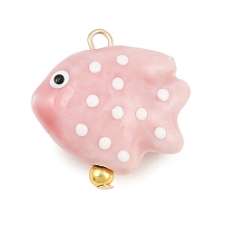 Pink Handmade Porcelain with Brass Pendants, Fish with Polka Dot Charms, Rack Plating, Long-Lasting Plated, Lead Free & Cadmium Free, Real 18K Gold Plated, Pink, 21x20.5x9mm, Hole: 2mm