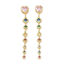 Colorful Brass Micro Pave Cubic Zirconia Big Pendants, Heart with Rhombus Charms, Cadmium Free & Lead Free, Golden, Colorful, 70x10x5mm, Hole: 4x3mm