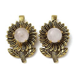 Хрусталь Природного кварца хрустальных подвесок, покрытие стойки антикварный золотой тон латунные подвески с цветами, без кадмия и без свинца, 34x22x15 мм, отверстие : 8x4.5 мм