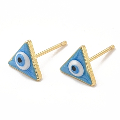 Cielo Azul Oscuro Aretes de triángulo esmaltado con mal de ojo, joyas de latón chapado en oro real 18k para mujer, cielo azul profundo, 8x9 mm, pin: 0.8 mm