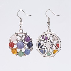 Mixed Stone Alloy Dangle Earrings, with Gemstone Beads and Brass Earring Hooks, Antique Silver and Platinum, Flat Round, 51mm, Pin: 0.6mm
