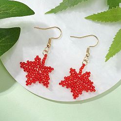 Красный Стекло бисер мотаться серьги, с 304 крючками для сережек из нержавеющей стали для женщин, лист, золотые, красные, 45x24.5 мм