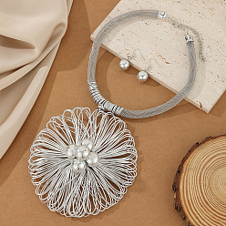 Platinum Aluminum & Brass & CCB Wire Flower Bib Necklace & Ball Dangle Earrings for Women, Statement Jewelry Set, Platinum, 17.72~20.87 inch(45~53cm)
