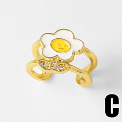 White Brass Micro Pave Clear Cubic Zirconia Cuff Open Rings, Flower, Golden, White, 17mm