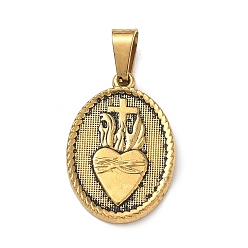 Oro Antiguo Religión 304 colgantes de acero inoxidable, Colgante ovalado con cruz del Sagrado Corazón, con 201 fianzas de acero inoxidable, revestimiento de iones (ip), oro antiguo, 24x16x2 mm, agujero: 7x4 mm