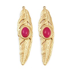 Красный Крашеные натуральный белый нефрит подвески, подвески-перья с 304 оправами из нержавеющей стали, реальный 18 k позолоченный, красные, 48x12x5 мм, отверстие : 1.4 мм