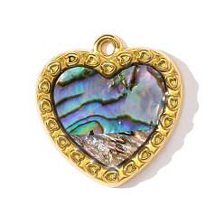 Настоящее золото 18K 304 подвески из ракушек пауа из нержавеющей стали, сердце прелести, ионное покрытие (ip), реальный 18 k позолоченный, 20x19 мм