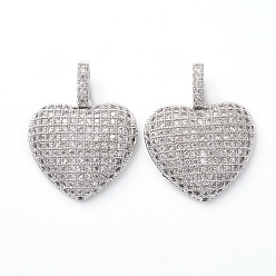 Платина Латунные микропаве прозрачные подвески с фианитом, сердце, платина, 17x18x1 мм, отверстие : 2.5x4 мм