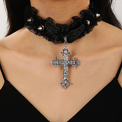 Черный Готические кружевные кулоны-чокеры из сплава в виде креста для женщин, античное серебро, чёрные, 10.24 дюйм (26 см)