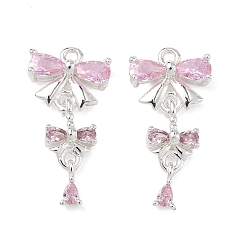 Посеребрённый Латунные микро проложить кубического циркония подвески, бантом прелести, 925 серебро покрытием, 21.5x11x3.5 мм, отверстие : 1.4 мм