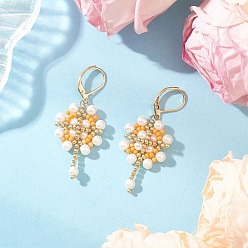 Оранжевый Цветок с крестом 304 серьги из нержавеющей стали стеклянные семена серьги с застежкой-молнией, золотые, оранжевые, 49x20.5 мм