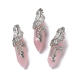Розовый Кварц Природного розового кварца подвески, с латунной фурнитурой платинового цвета, без кадмия и без свинца, двухконечная остроконечная пуля с пером, 45~47.5x14~14.5x13~14 мм, отверстие : 8x5 мм