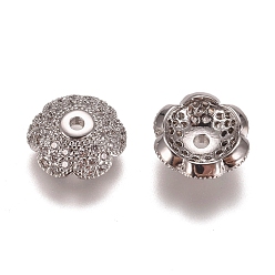 Platinum 6-Petal Brass Micro Pave Clear Cubic Zirconia Bead Caps, Flower, Platinum, 10x4mm, Hole: 1.2mm