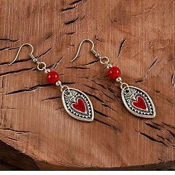 Red Zinc Alloy Dangle Earrings for Women, Sacred Heart, with Enamel & Plastic, Antique Silver, Red, 71x18mm