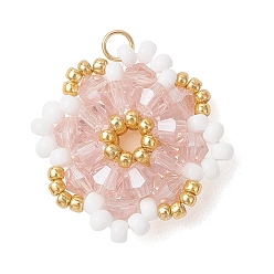 Pink Стеклянные подвески, цветочный шарм, с 304 открытыми соединительными кольцами из нержавеющей стали и бусинами, граненые, розовые, 25~25.5x25~25.5x8 мм, отверстие : 2.7 мм