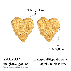 Oro 304 Pendientes de botón con forma de corazón texturizado de acero inoxidable para mujer, dorado, 20x21 mm