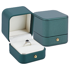 Green PU Leather Ring Boxes, with Velvet Inside, Square, Green, 6x6.5x6cm