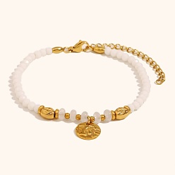 Природный Драгоценный Камень Браслеты с подвесками из натуральных драгоценных камней и круглых бусин, 304 женские украшения из нержавеющей стали, плоско-круглые, реальный 18 k позолоченный, внутренний диаметр: 6-1/2 дюйм (16.5 см)