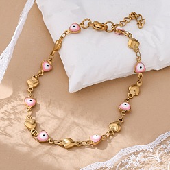 Pink Ионное покрытие (ip) 304 браслеты звеньев из нержавеющей стали, с застежками эмали и когтя омара, сердце с сглаза, розовые, 7-1/4 дюйм (18.5 см)