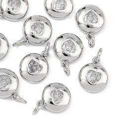 Real Platinum Plated SHEGRACE Valentine's Day Brass Clear Cubic Zirconia Charms, Flat Round with Heart Pattern Charms, Cadmium Free & Lead Free & Nickel Free, Real Platinum Plated, 9.5x8x2.5mm, Hole: 2.5mm