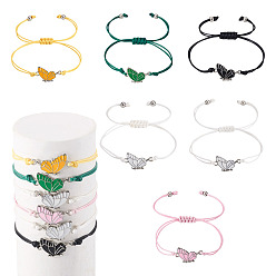 Mixed Color 3 Sets 6Pcs 3 Styles Alloy Enamel Link Bracelets, Polyester Cord Braided Bracelets for Women, Butterfly, Mixed Color, Inner Diameter: 4-1/8 inch(10.3cm), 2pcs/set, 1 set/style