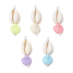 (52) Непрозрачная лаванда Подвески в форме натуральной ракушки каури и пластиковой ракушки, с медной проволокой и имитацией жемчуга, платина, разноцветные, 41.5x14x7 мм, отверстие : 2.3 мм