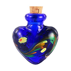 Blue Handmade Lampwork Perfume Bottle Pendants, Heart Charms, with Cork, Blue, 32~33x25~26x14~15mm
