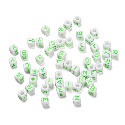 Весенне-зеленый Непрозрачные акриловые бусины, Эмаль стиле, куб с письмом, весенний зеленый, 4.5x4.5x4.5 мм, отверстие : 2 мм, Около 8333 шт / 500 г