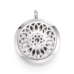 Stainless Steel Color 316 Surgical Stainless Steel Diffuser Locket Pendants, with Perfume Pad and Magnetic Clasps, Flat Round with Flower, Stainless Steel Color, 36.5~37x30x6~6.5mm, Hole: 5mm, Inner Diameter: 23mm, 12color/set