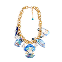 Королевский синий Женские ожерелья-нагрудники из акрила в виде флакона женских духов, туфли на высоком каблуке с подвеской из искусственного жемчуга и цепочками из сплава., золотые, королевский синий, 17.72 дюйм (45 см)