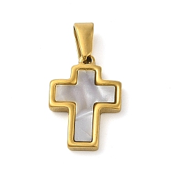 Cross Подвески из смолы с имитацией белых ракушек, золотистый тон 304 подвески из нержавеющей стали, крестик, 16x11.5x2 мм, отверстие : 5.5x2 мм