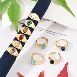 Смешанные камни 304 открытые манжеты из нержавеющей стали, овальное кольцо с натуральным драгоценным камнем для женщин, реальный 18 k позолоченный, ионное покрытие (ip), 11 мм, регулируемый