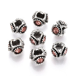 Розовый Европейские бусины, сплав, стразы , бусины с большим отверстием, античное серебро, светло-розовый, 12x13x8~9 мм, отверстие : 5 мм