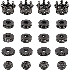 Gunmetal 20Pcs 5 Style Brass Micro Pave Cubic Zirconia Beads, Crown, Flat Round, Round, Gunmetal, 6~11x2~7mm, Hole: 1.5~6mm, 4pcs/style