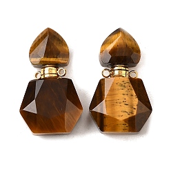 Тигровый глаз Натуральные подвески для флаконов с тигровым глазом, с 304 фурнитурой из нержавеющей стали, граненые, шестиугольные подвески для бутылок, золотые, 28~29.5x16~17x7~8 мм, отверстие : 1.4 мм