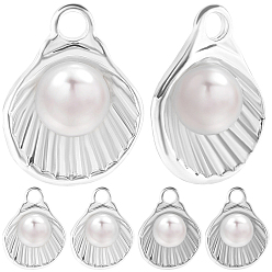 Посеребрённый 12шт. латунные подвески со стеклянными жемчужинами, подвески в форме ракушек, 925 серебро покрытием, 15x11.5x6.6 мм, отверстие : 2 мм