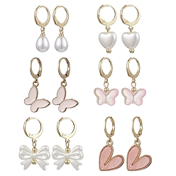 (52) Непрозрачная лаванда 6 пары серег-колец из стекла, эмали и акрила, серьги-кольца в виде банта/бабочки/сердца, золотые, разноцветные, 21~30x8~18 мм, 6 пар / набор