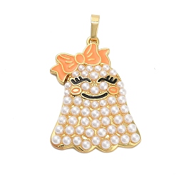 Оранжевый Подвески из латуни и эмали на Хэллоуин, призрак, с abs имитационными жемчужными бусинами , стойки покрытие, долговечный, без свинца и без кадмия, оранжевые, 31.5x23x4.5 мм, отверстие : 5x3.4 мм