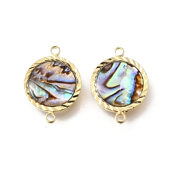 Плоский Круглый Латунные подвески-соединители из натуральной пауа-ракушки, с эпоксидной смолой, золотые, плоско-круглые, 19.5x14x3.5~4 мм, отверстие : 1.6 мм