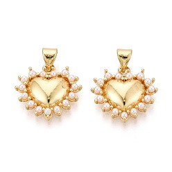 Настоящее золото 16K Подвески из латуни и искусственного жемчуга, сердце прелести, реальный 16 k позолоченный, 16x16.5x3.5 мм, отверстие : 5x3.2 мм