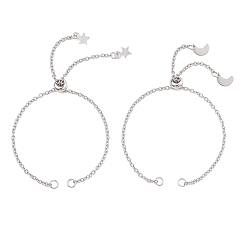 Нержавеющая Сталь Цвет 2 шт. 2 стили 2.5 мм 304 изготовление браслета-слайдера из нержавеющей стали, с 304 подвесками в виде луны и звезд из нержавеющей стали, не тускнеет, цвет нержавеющей стали, 10.39 ~10.63 дюйм (26.4~27 см), 1 шт / стиль